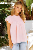 Pink Tiered Sleeve Frilled Neck Dotted Top