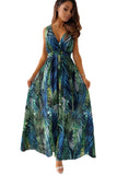 Floral Printed V Neck Open Back Sleeveless Maxi Dress