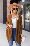 Waffle Knit Open Front Rounded Hem Cardigan
