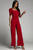 Burgundy Belted Square Neck Puff Sleeve Jumpsuit