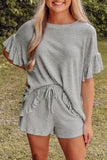 Ribbed Knit Ruffle Trim Casual Short Set