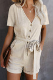 V Neck Short Sleeve Buttons Belted Romper with Pockets