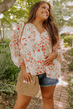 Split V Neck Floral Plus Size Blouse with Ruffles