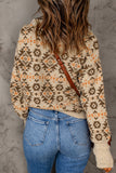 Khaki Aztec Knitted Drop Shoulder Zipped Sweater