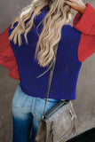 Khaki Long Sleeve Turtleneck Color Block Pullover Knit Sweater