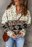Apricot Tribal Printed Zipped Fleece Pullover Sweatshirt