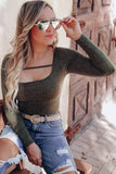 Olive Strappy Hollow-out Scoop Neck Long Sleeve Leopard Bodysuit