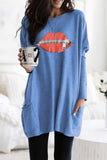 Oversize Zipped Red Lips Long Sleeve Top with Pockets