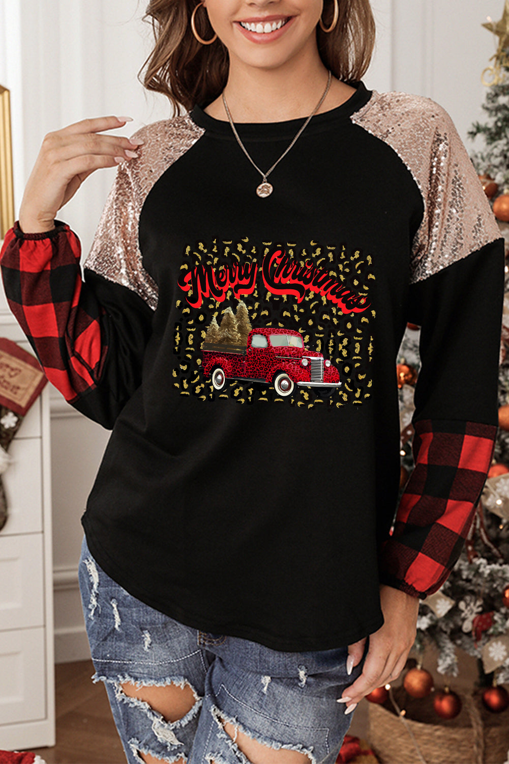 Christmas Graphic Print Sequin Plaid Splicing Sweatshirt
