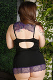 Black Lace Splicing Lace-up Plus Size Babydoll Set