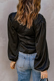 Black Ruched V Neck Puffy Sleeve Blouse