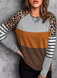 Leopard Striped Color Block Long Sleeve Blouse