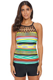 Multi Striped Bead Trim High Neck Tankini Top