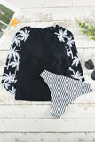 Leaf Stripe Print Round Neck Long Sleeve Surfing Swimsuit