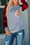 Plaid Splicing Sequined Pocket Long Sleeve Top