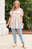 color Striped Ruffle Sleeve Plus Size Babydoll Top