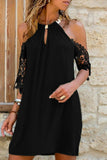 Halter Neck Keyhole Cold Shoulder Lace Sleeve Shift Mini Dress
