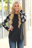 Monochrome Plaid Sleeve Charcoal Top