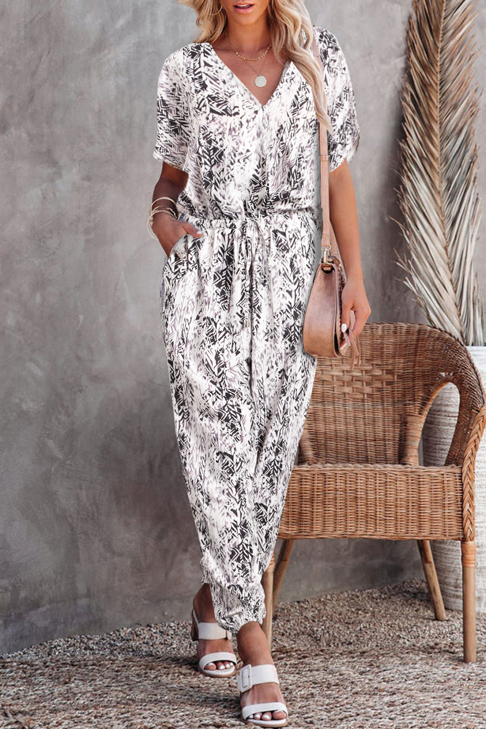 Printed V Neck Relaxed Jumpsuit