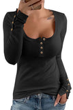 Scoop Neck Button Closure Ribbed Long Sleeve Top