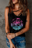 Black Plant Print Strappy Color Block Tank Top