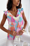 color Pastel Geometric Print V-Neck Pleated Cap Sleeve Top