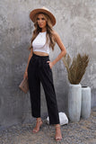 Black Casual Paperbag Waist Straight Leg Pants with Belt