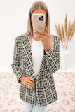 White Lapel Collar Buttoned Gingham Tweed Blazer