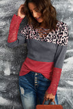 Red Lace Splicing Hollow-out Leopard Color Block Top