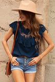 Navy Lace Splicing Ruffled Short Sleeve T-shirt
