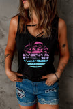 Black Plant Print Strappy Color Block Tank Top