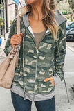 Camouflage Zipper Pocketed Drawstring Cotton Hoodie