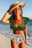 Floral Ruffled Hem High Waist Bikini Set
