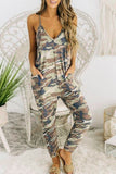 Spaghetti Straps V Neck Sleeveless Camo Print Jumpsuit with Pockets