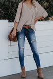 V Neck 3/4 Sleeve High Low Hem Shirt