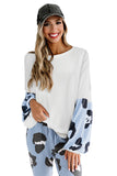 Leopard Splicing Waffle Knit Puff Sleeve Blouse
