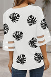 V Neck Mesh Splicing Sleeve Palm Leaf Print Top