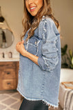 Sky Blue Acid Wash Buttoned Raw Hem Distressed Denim Jacket