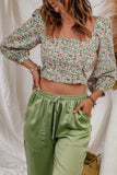 Multicolor Floral Print Smocked Back Square Neck Crop Top