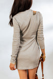 Gray High Neck Cut-out Ribbed Knit Short Dress