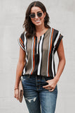 V Neck Stripes Roll up Short Sleeve Zip Up Blouse