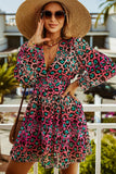 Rose Deep V Neck Cinched Waist Leopard Dress