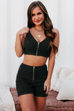 Black Ribbed Knit Zip-up Crop Top and High Waist Shorts Two Piece Set