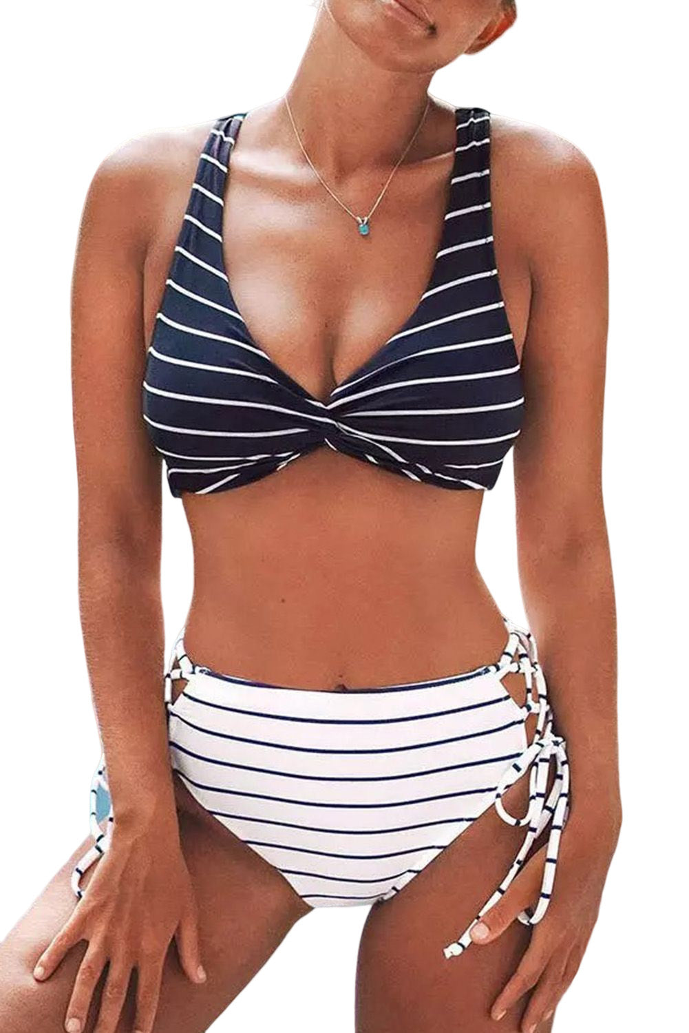 Contrast Striped Crisscross Lace up Bikini Set