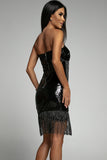 Black Strapless Tassel Bodycon Sequin Dress