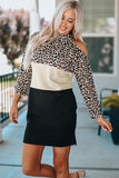 Leopard Color Block Cold Shoulder Shift Mini Dress