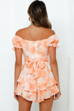 Orange Tie-dye Print Short Puff Sleeve Romper