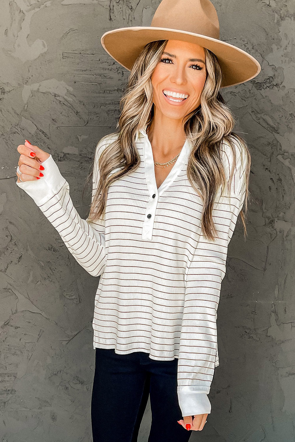 Navy Striped Ribbed Knit Polo Top