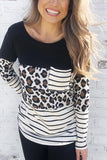 Camo Stripes Patchwork Long Sleeve Top with Pocket