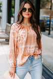 Boho Printed Drawstring Round Neck Blouse